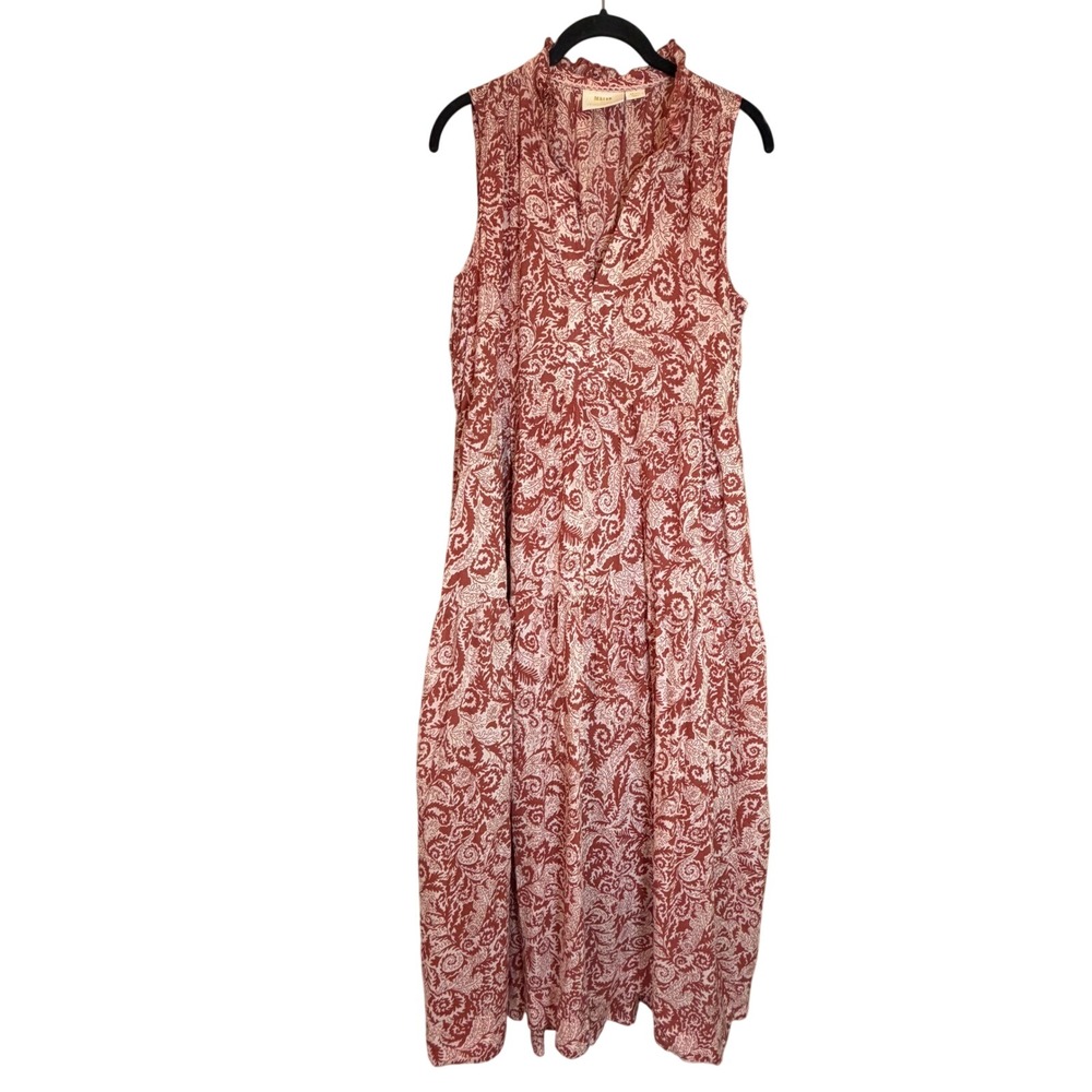 Maeve Anthropologie Rust Red Paisley Tiered Maxi Dress Sleeveless Pockets Small